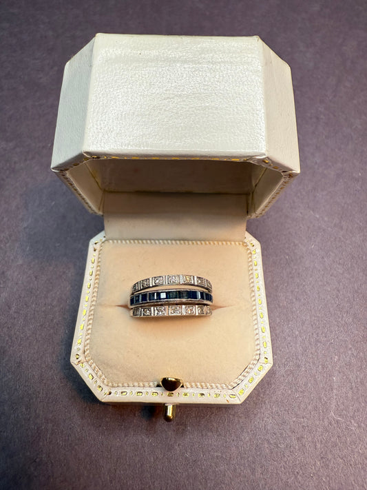 Art Deco English 3 Band Ring with Diamonds and French Cut Sapphires