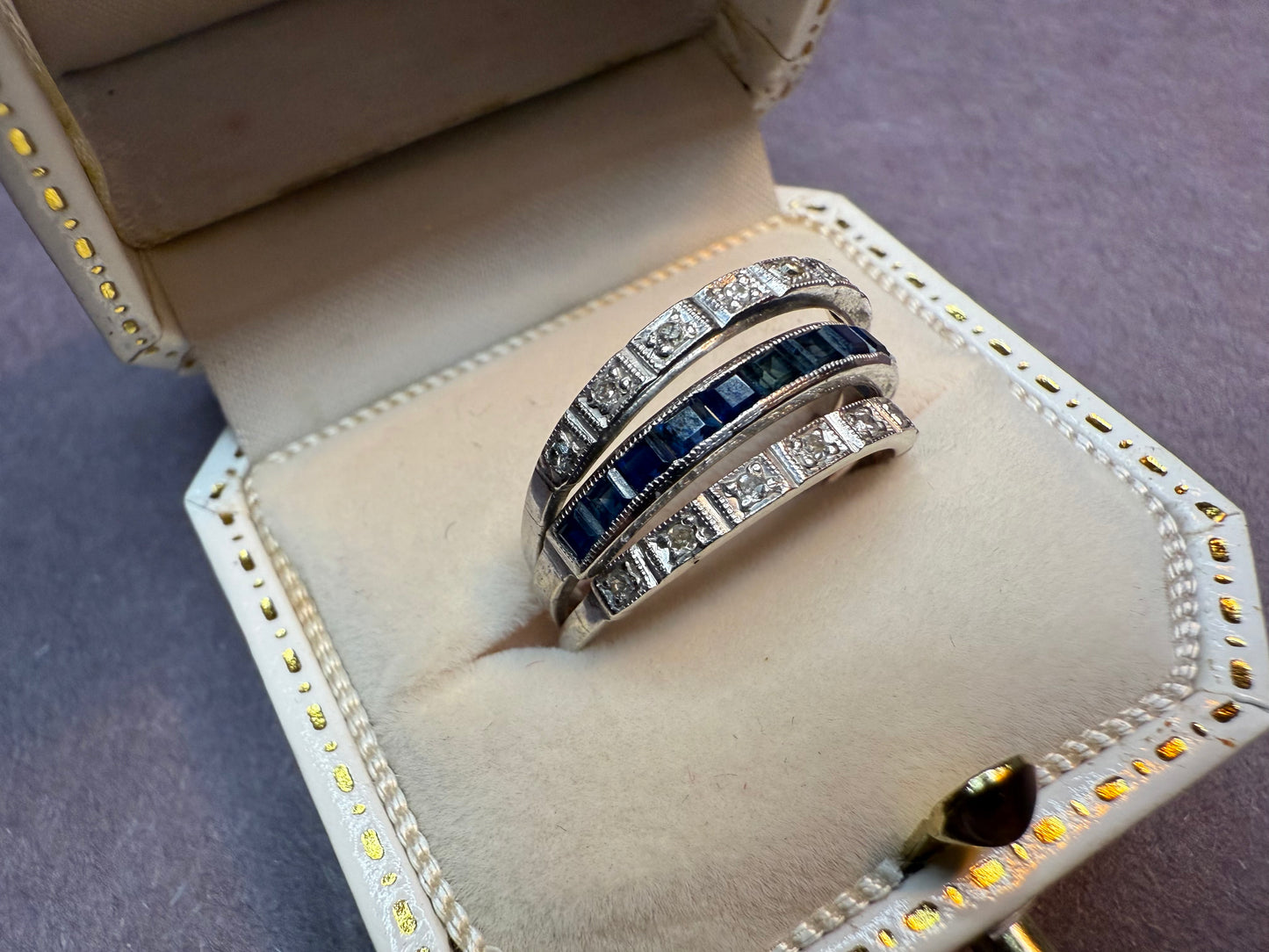 Art Deco English 3 Band Ring with Diamonds and French Cut Sapphires