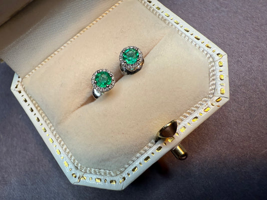 18k White Gold Emerald and Diamond Stud Earrings