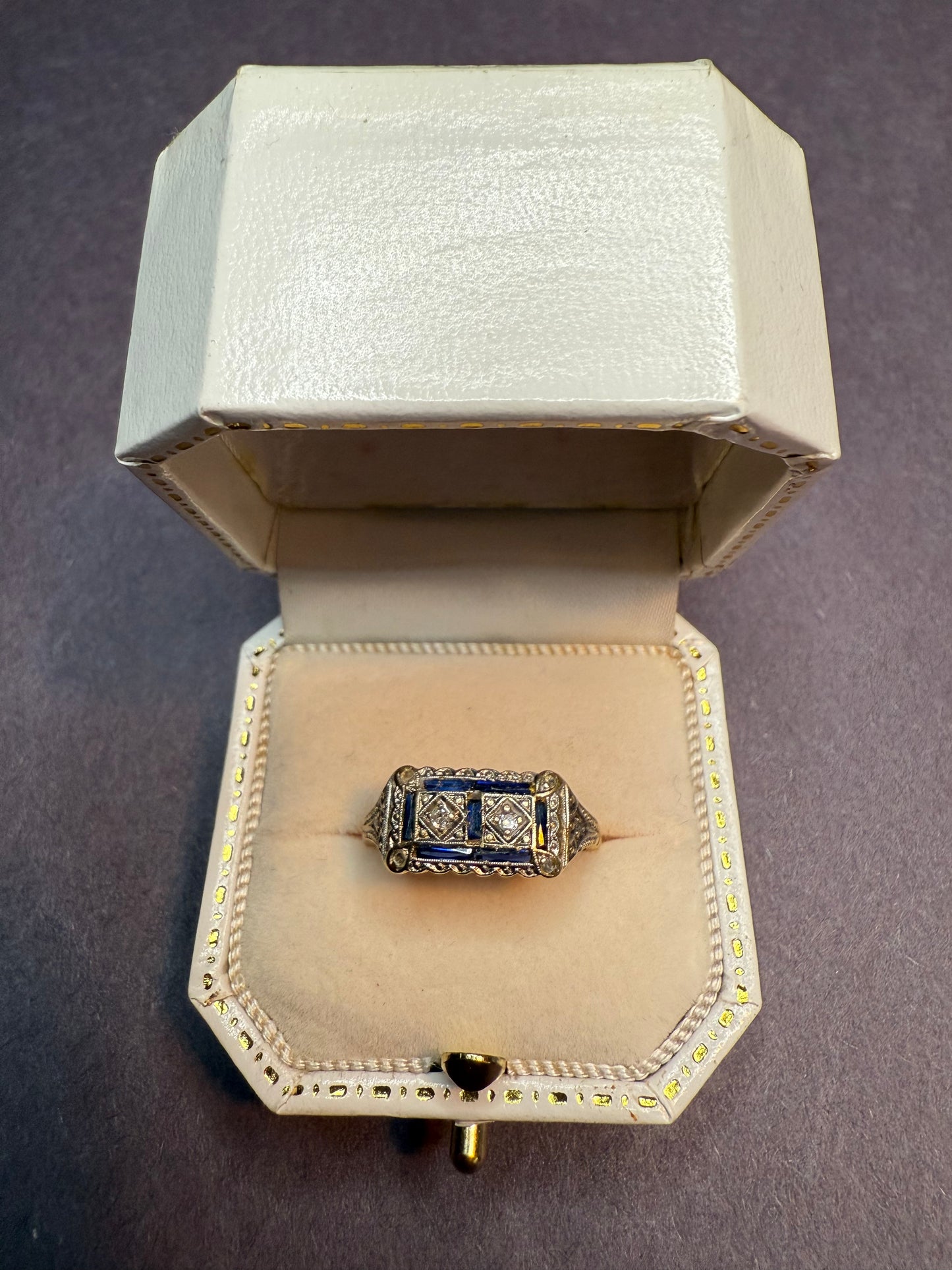 18k White and Yellow Gold French Art Deco Sapphire and Diamond Ring