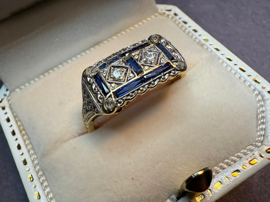 18k White and Yellow Gold French Art Deco Sapphire and Diamond Ring