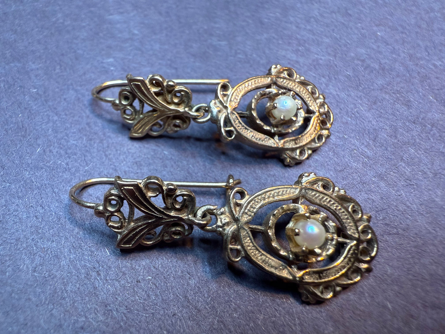 14k Pearl Engraved Dangle Earrings