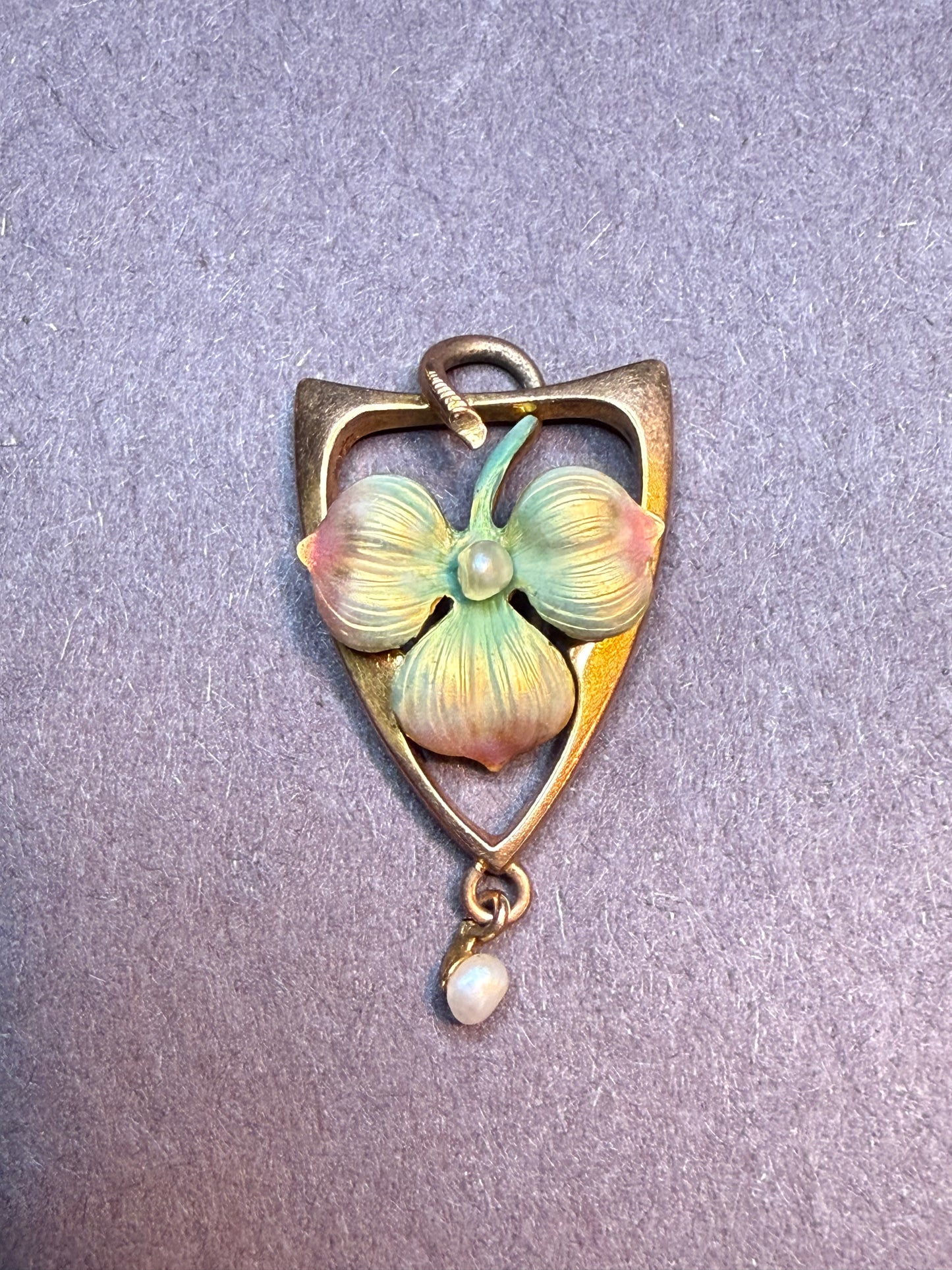 14k Art Nouveau Enamel Flower Pendant with Pearl Drop