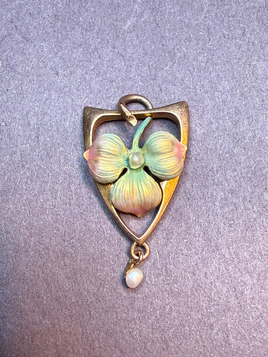 14k Art Nouveau Enamel Flower Pendant with Pearl Drop