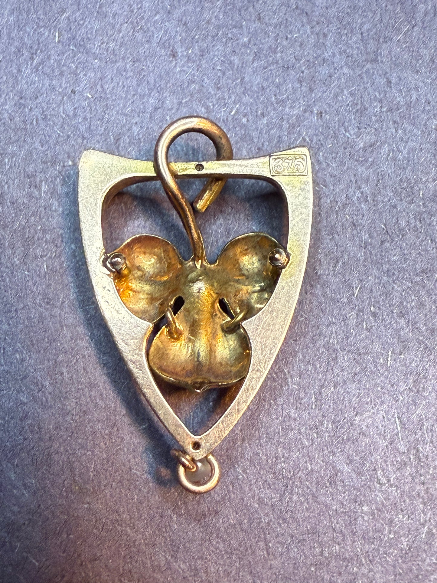 14k Art Nouveau Enamel Flower Pendant with Pearl Drop