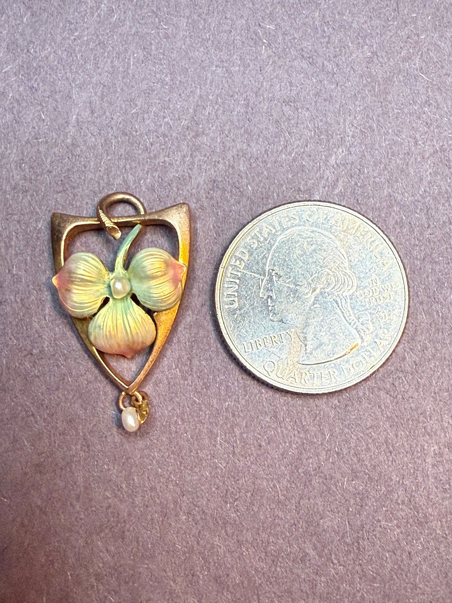 14k Art Nouveau Enamel Flower Pendant with Pearl Drop