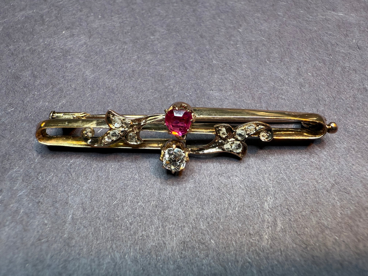 18k Art Nouveau Ruby and Diamond Brooch with Trumpet Clasp