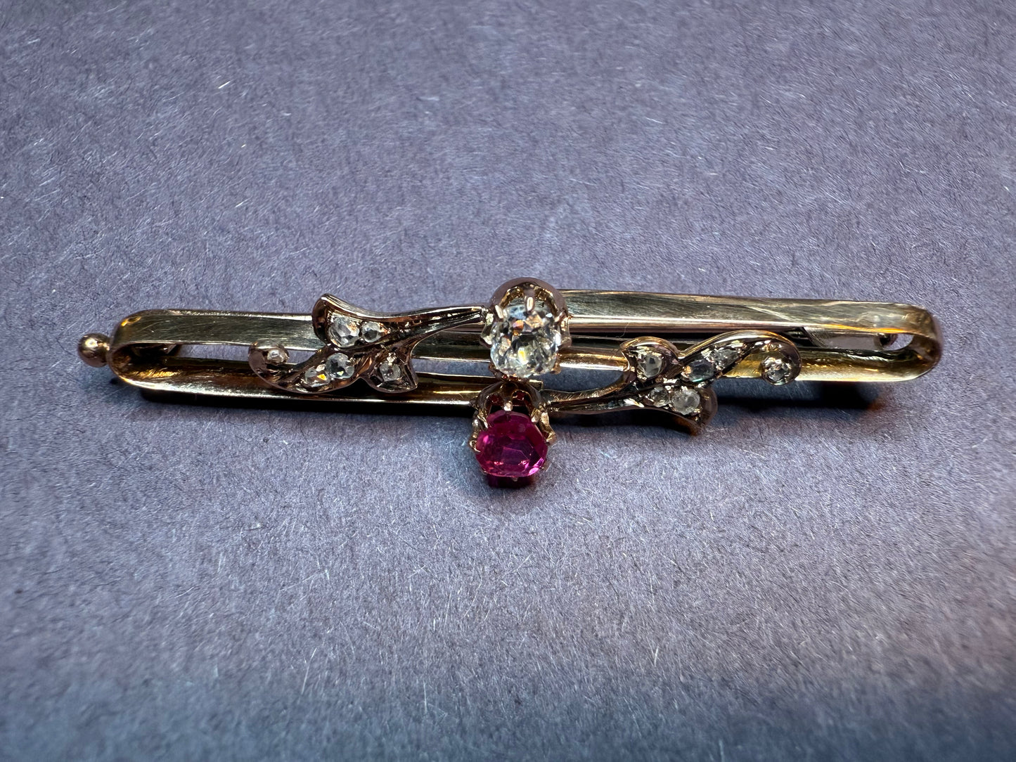 18k Art Nouveau Ruby and Diamond Brooch with Trumpet Clasp