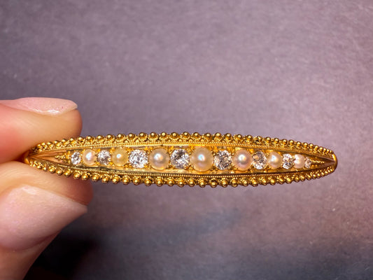 14k 1880's Curved Pearl and Diamond Brooch