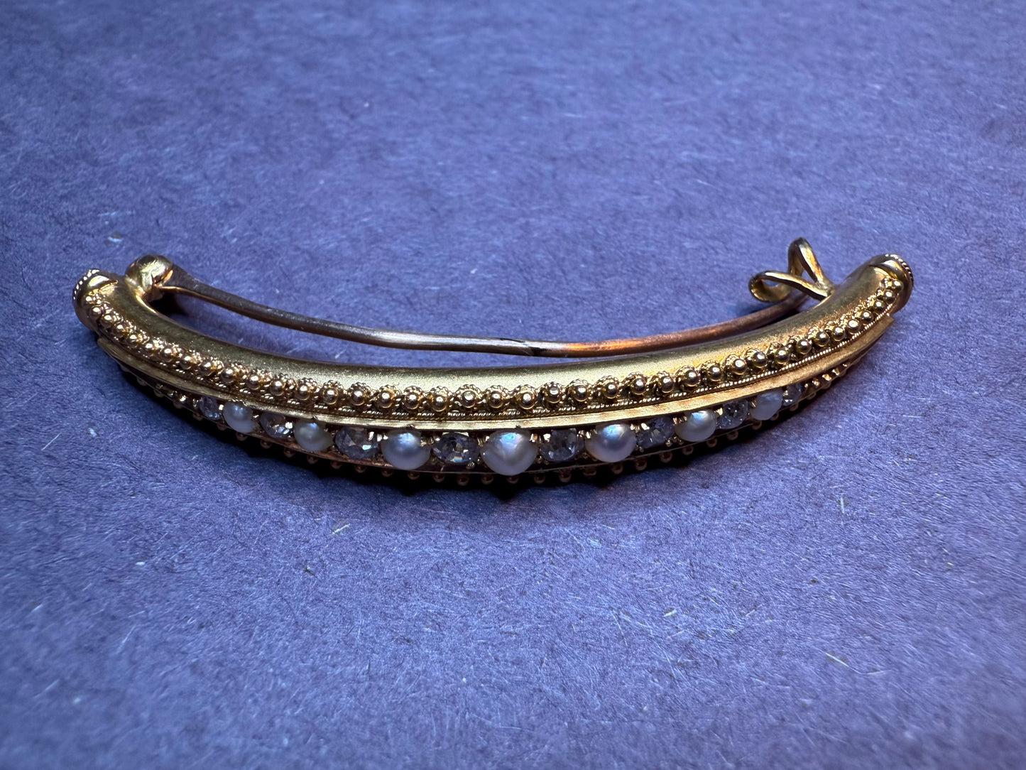 14k 1880's Curved Pearl and Diamond Brooch