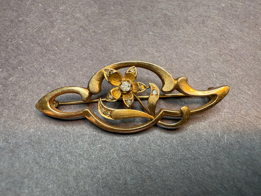 9k Art Nouveau Diamond and Pearl Brooch