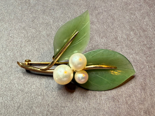 18k Gumps Pearl and Jade Brooch