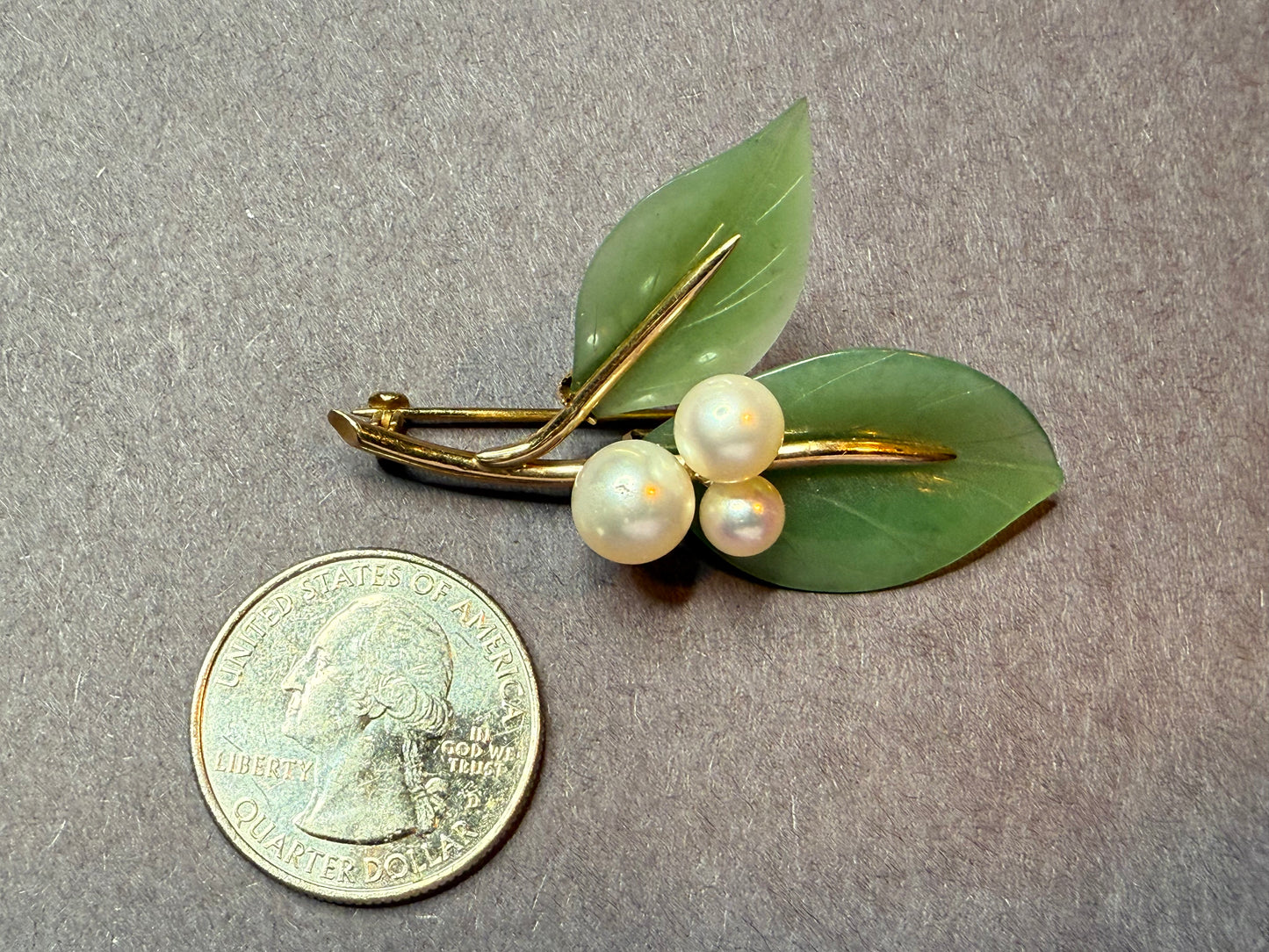 18k Gumps Pearl and Jade Brooch