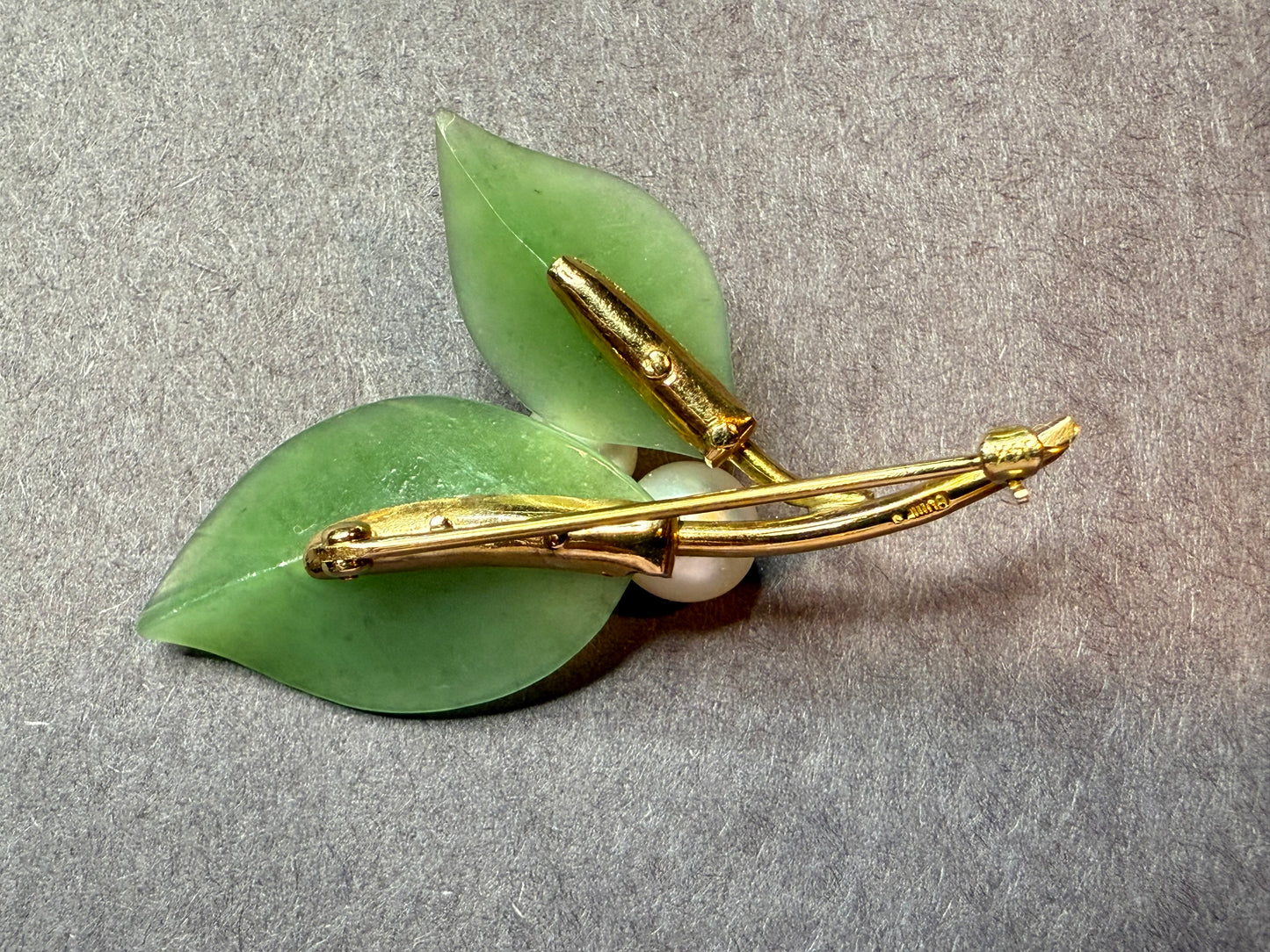 18k Gumps Pearl and Jade Brooch