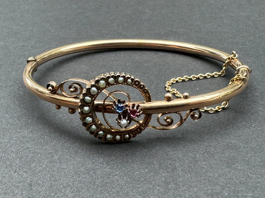 Victorian German 14k Rose Gold Seed Pearl and Gemstone Crescent Bracelet