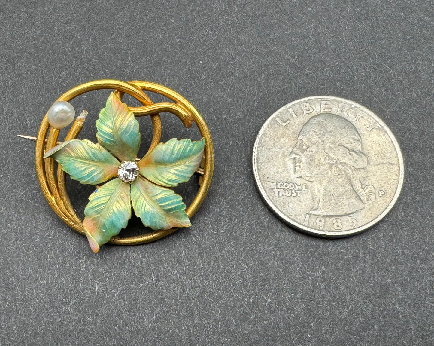 14k Gold Art Nouveau Green Enamel Flower Brooch with Diamond and 2 Pearls