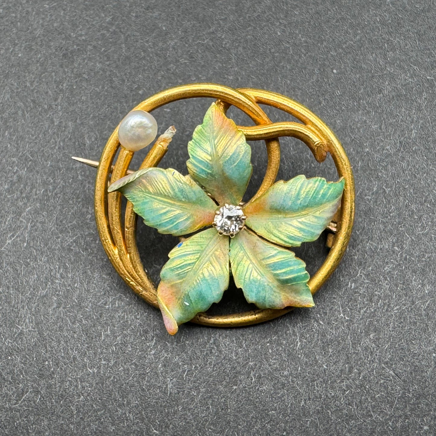 14k Gold Art Nouveau Green Enamel Flower Brooch with Diamond and 2 Pearls