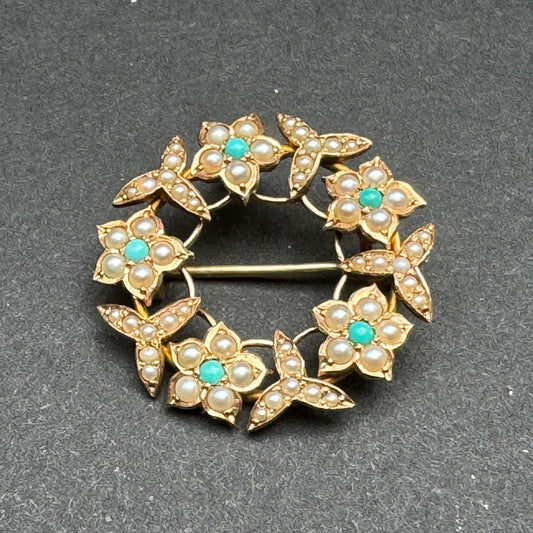 14k Victorian Seed Pearl and Turquoise Wreath Pendant/Pin Combo