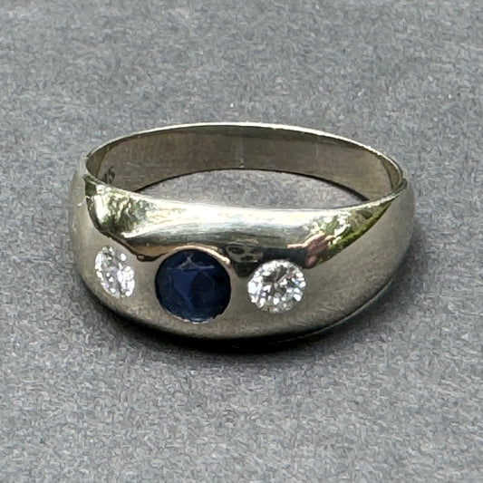 14k White Gold 1940s Sapphire and Diamond Flush Set Three Stone Ring