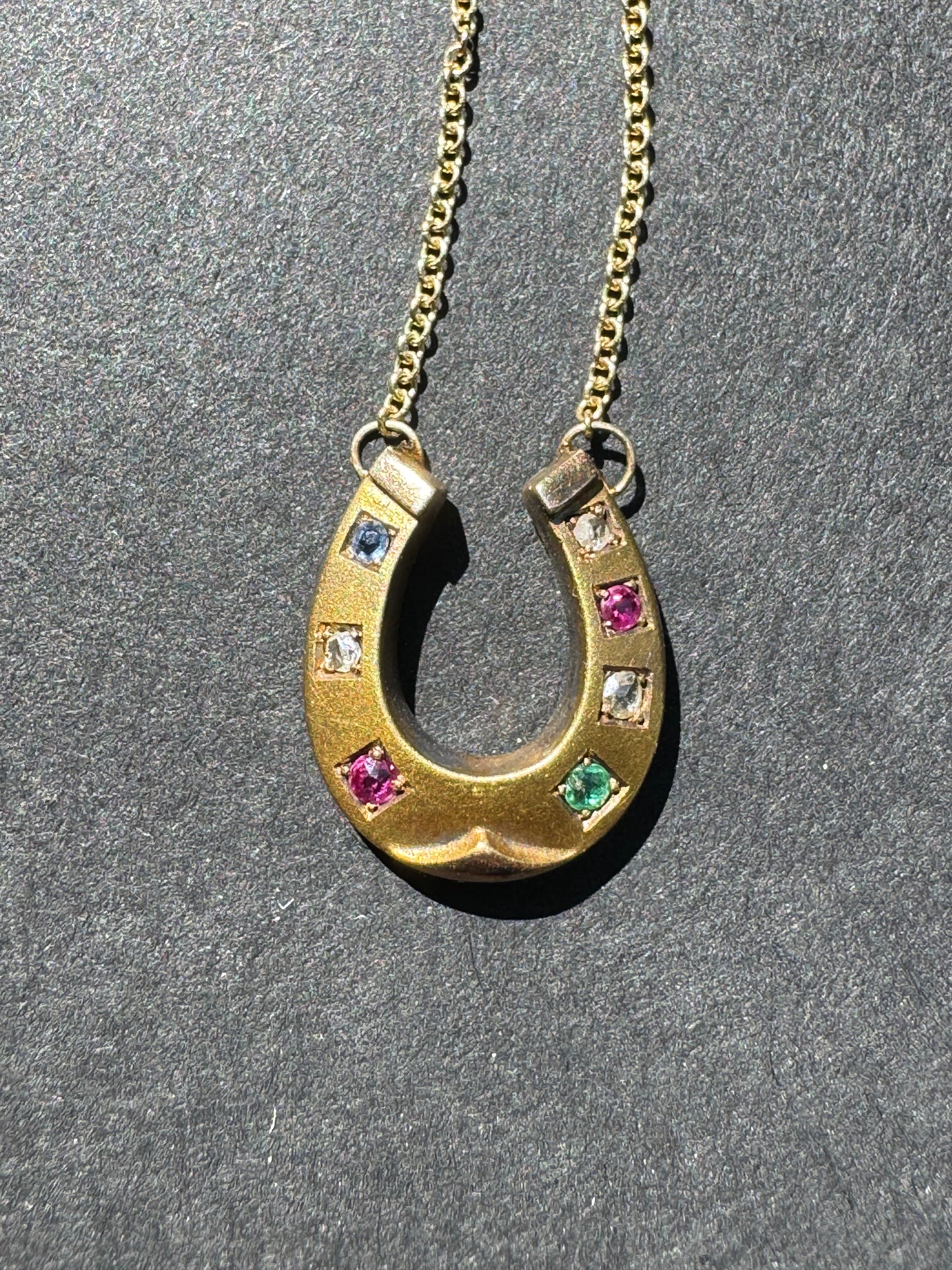 18k French Horseshoe with Gems on 14k Gold Chain
