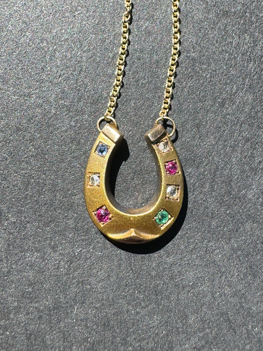 18k French Horseshoe with Gems on 14k Gold Chain