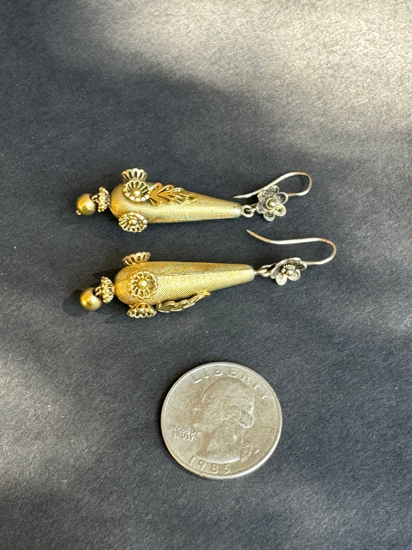 Vintage 10k Long Filigree Flower Earrings