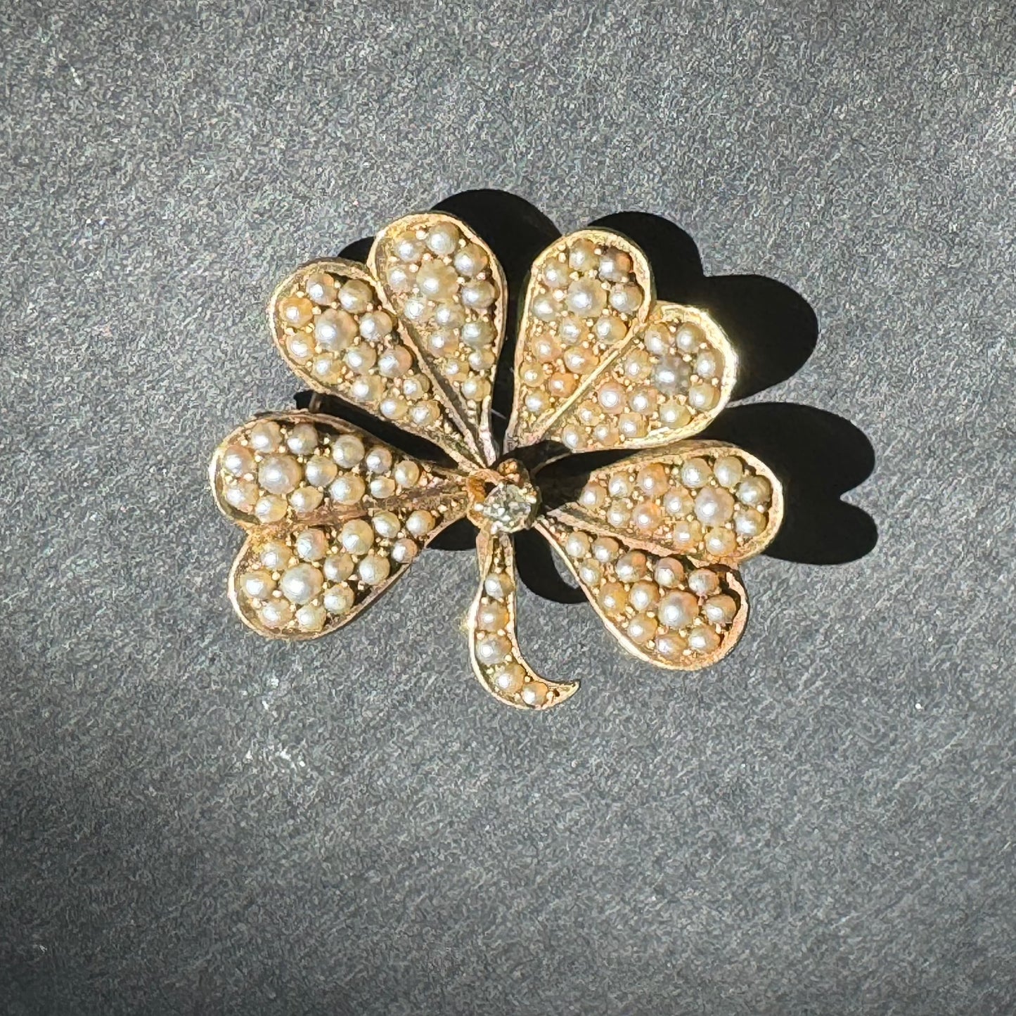 14k Victorian Seed Pearl Clover/Shamrock Brooch