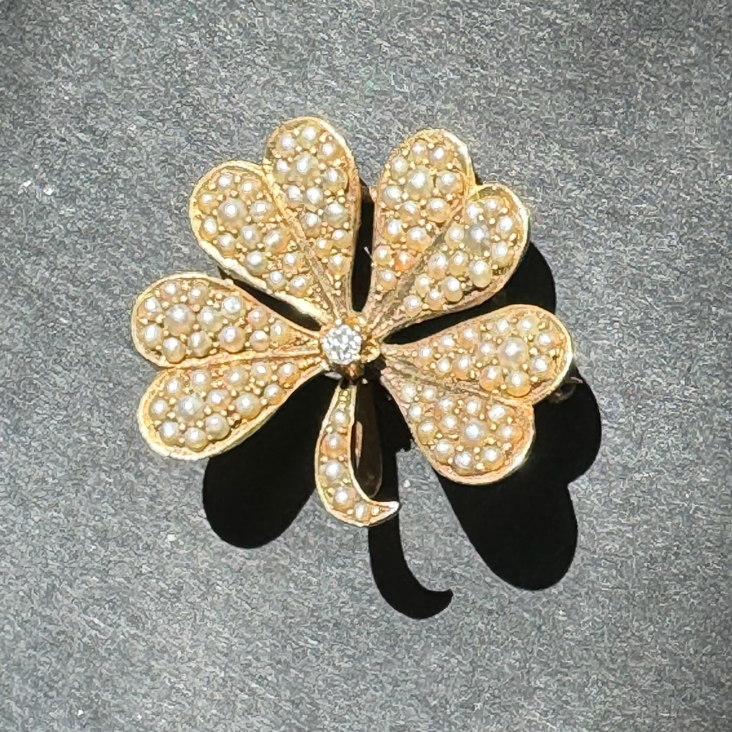 14k Victorian Seed Pearl Clover/Shamrock Brooch