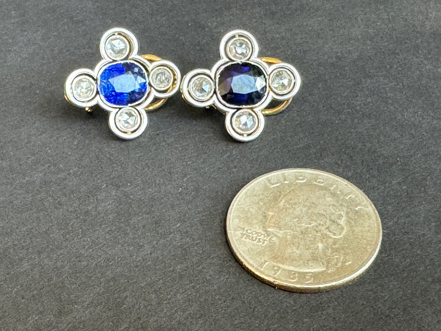 French 18k Gold and Platinum Art Deco Sapphire and Diamond Earrings