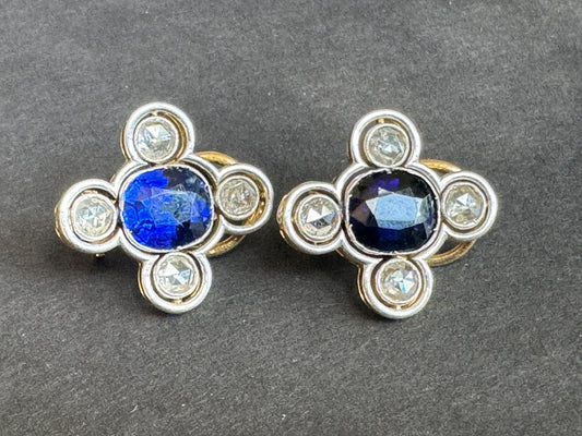 French 18k Gold and Platinum Art Deco Sapphire and Diamond Earrings