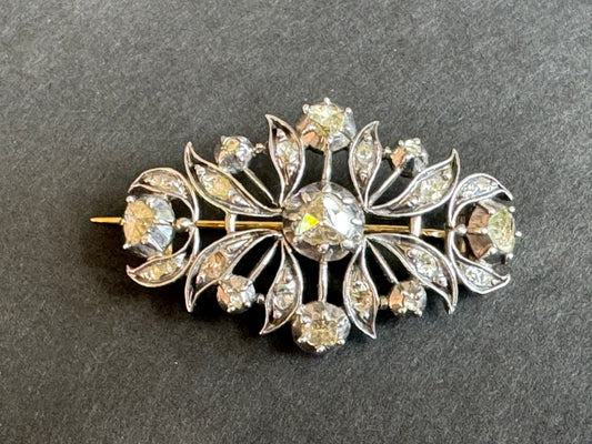 Georgian Silver and 18k Gold Rose Cut Diamond Brooch