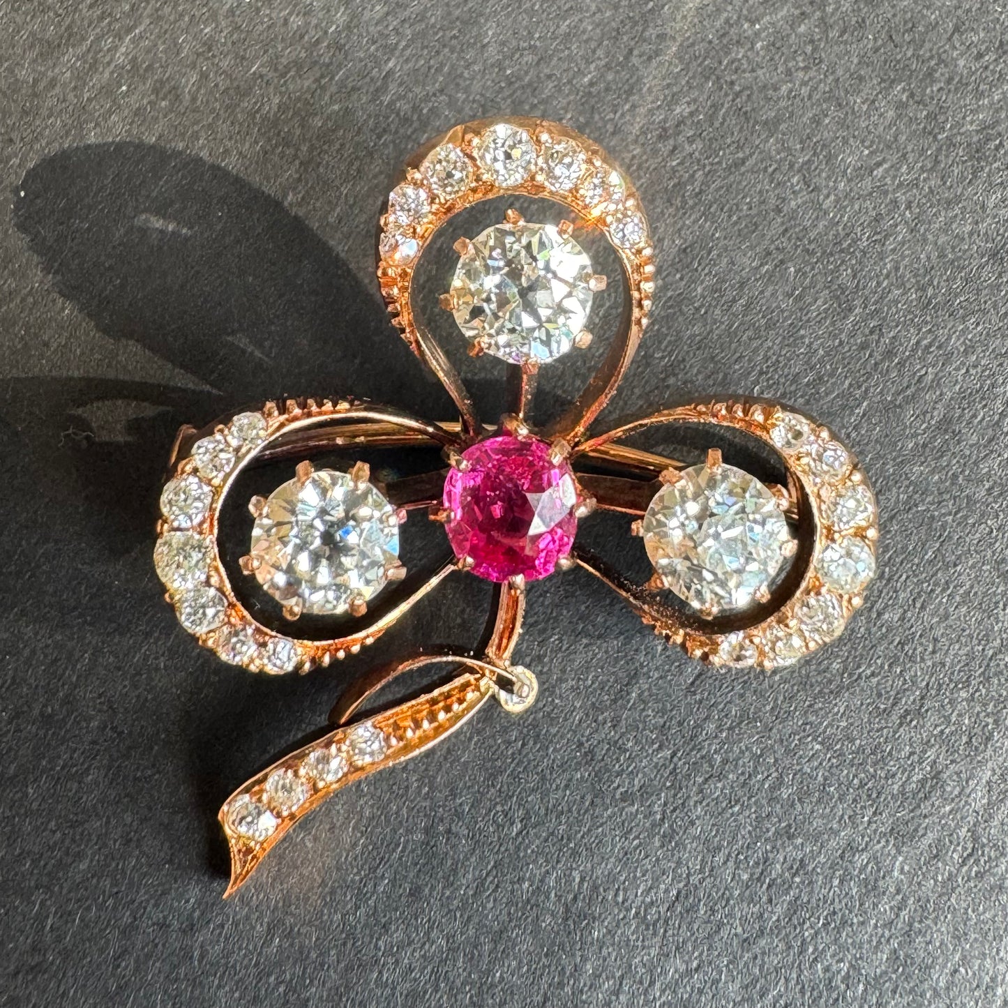 Old Mine Cut Diamond and Ruby 14k Rose Gold Clover Brooch