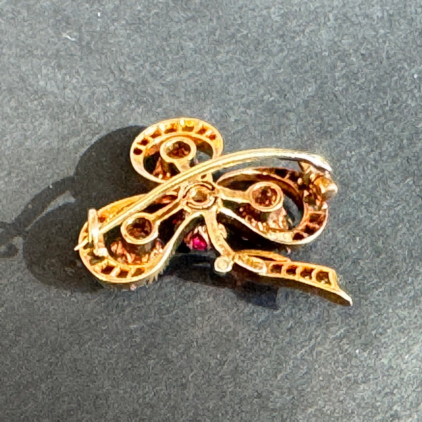 Old Mine Cut Diamond and Ruby 14k Rose Gold Clover Brooch