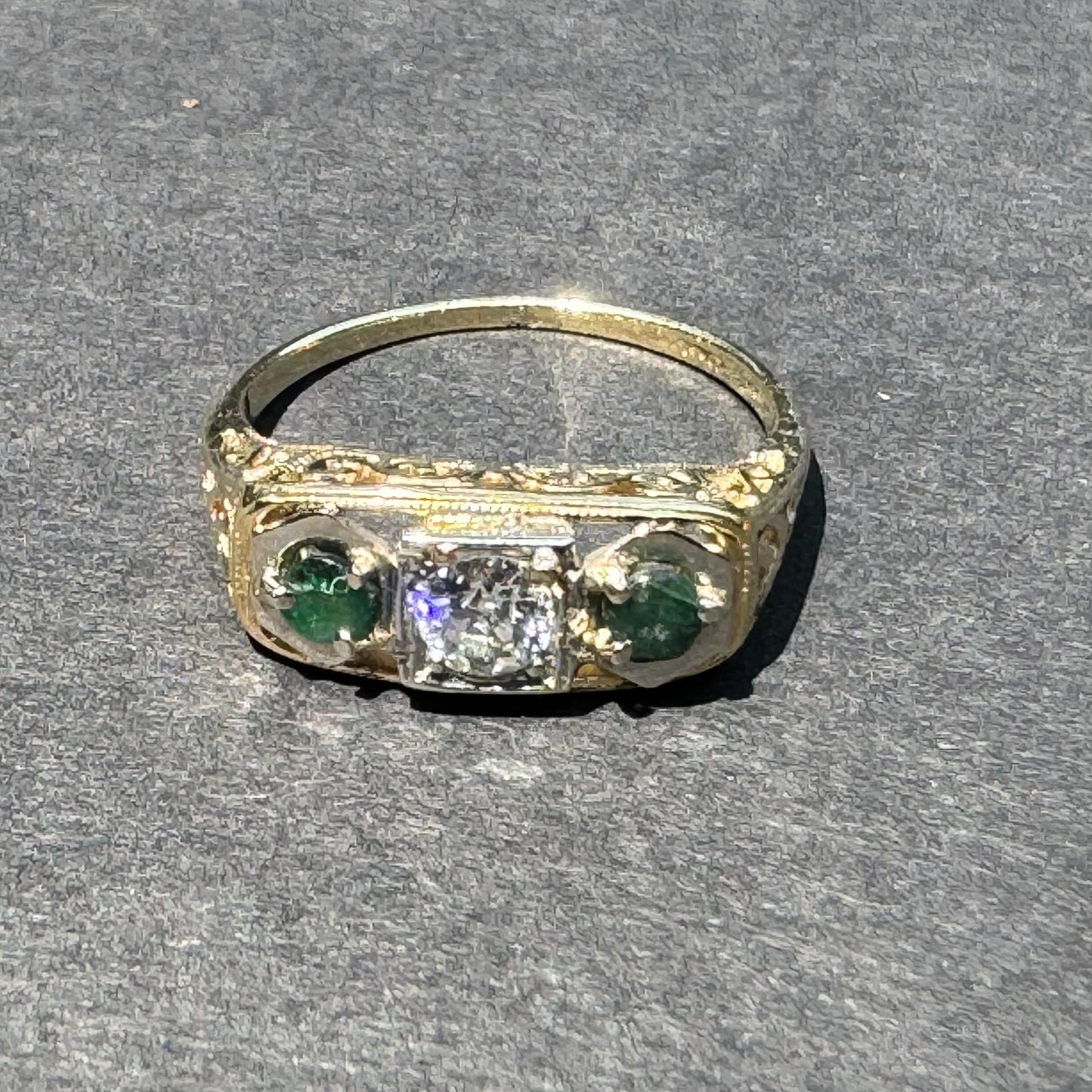 14K Art Deco Three Stone Emerald and Diamond Ring