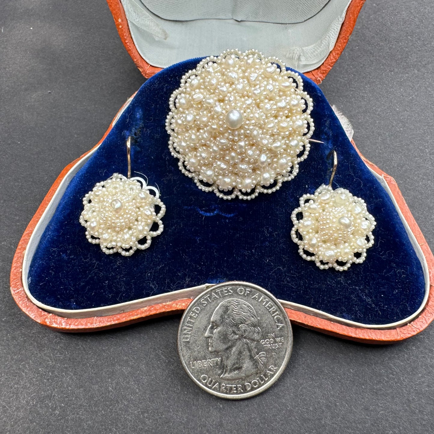 Demi-Parure Earring and Brooch Set with Seed Pearls