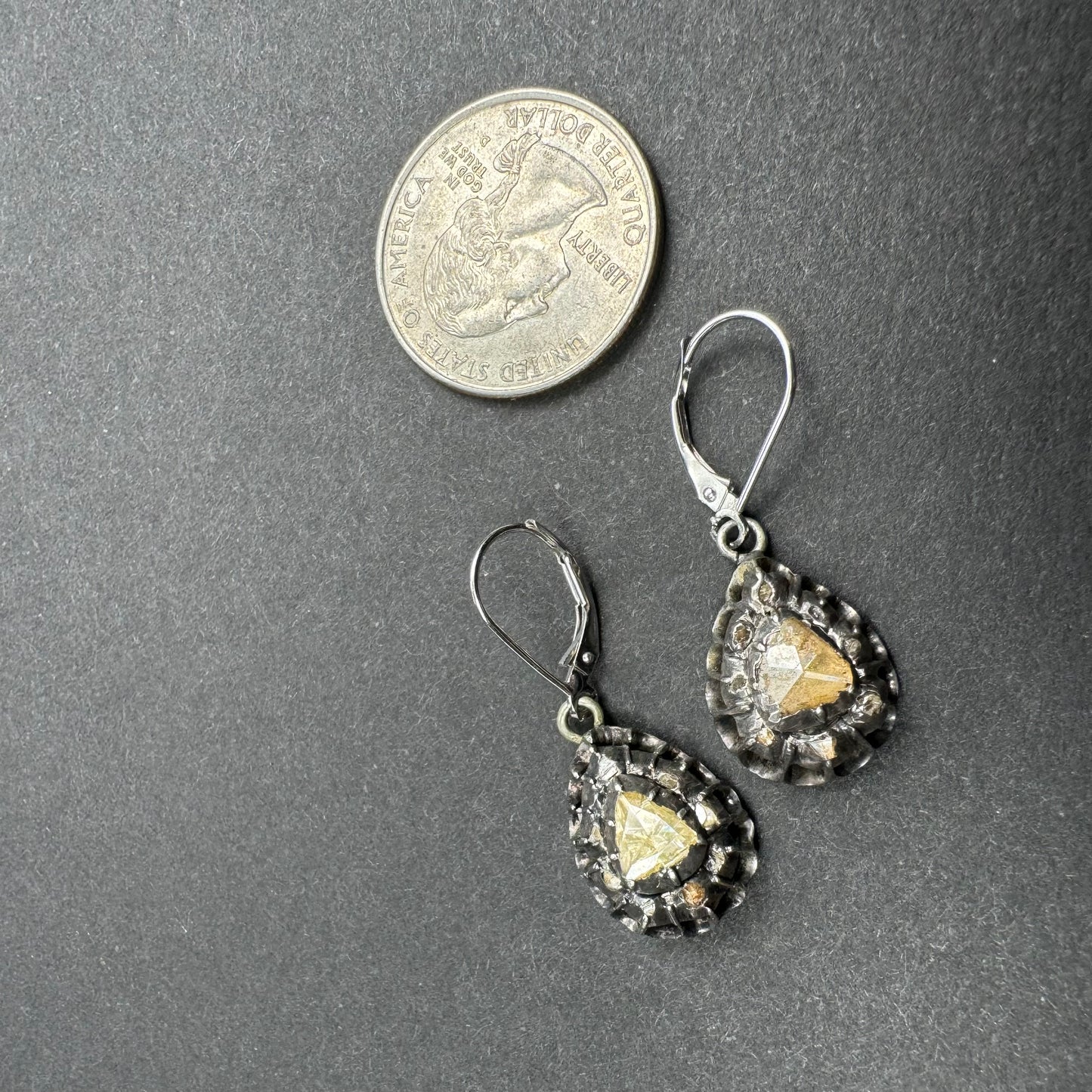 Large Georgian Sterling Rose Cut Diamond Teardrop Earrings