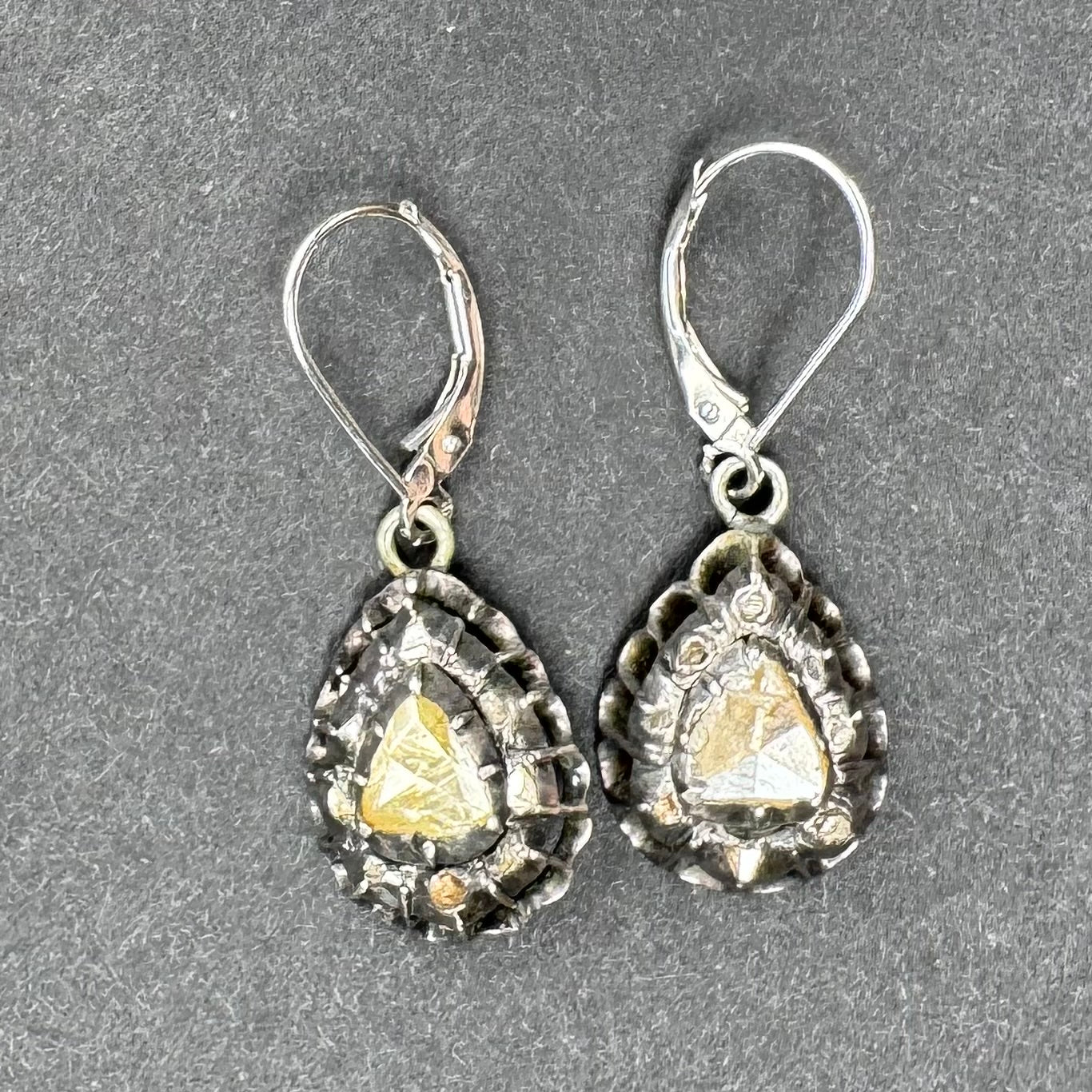 Large Georgian Sterling Rose Cut Diamond Teardrop Earrings