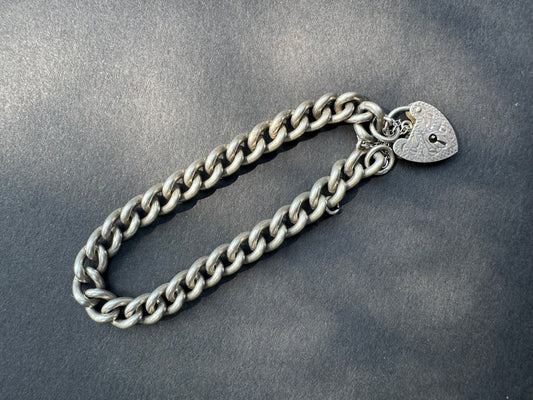 1908 English Sterling Silver Heart Curb Bracelet