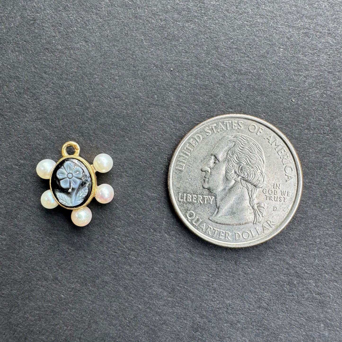 Hardstone Flower Intaglio and Pearl Victorian Mourning Charm