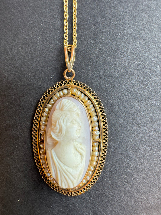 Antique 10k Gold and Coral Cameo Necklace