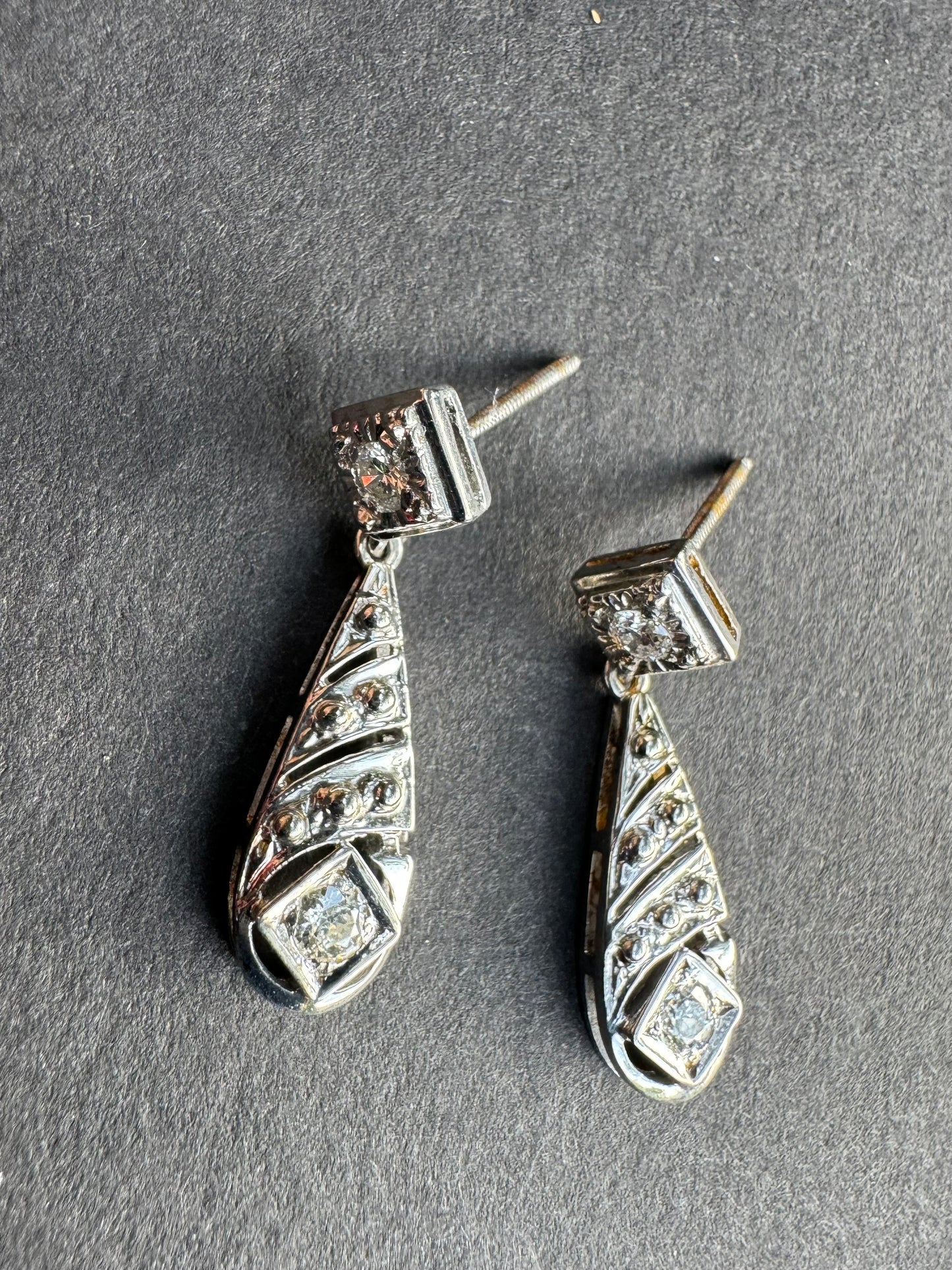 Vintage 14k White Gold Diamond Dangle Earrings