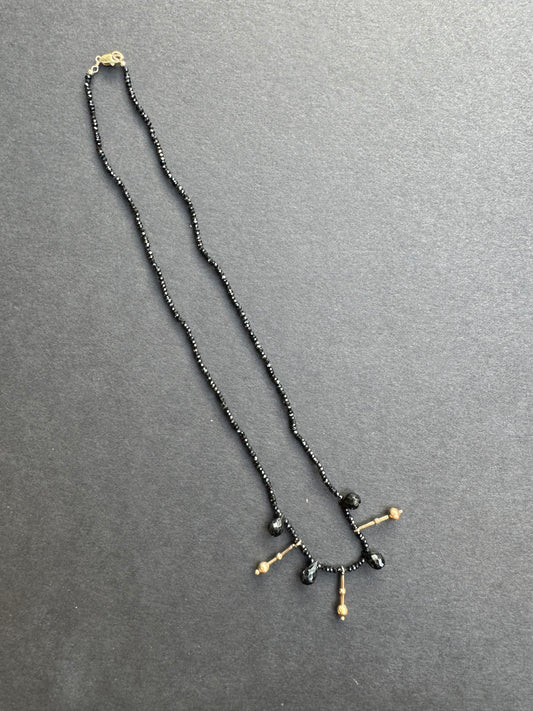 Black Spinel with Victorian Gold Drops and 14k Clasp