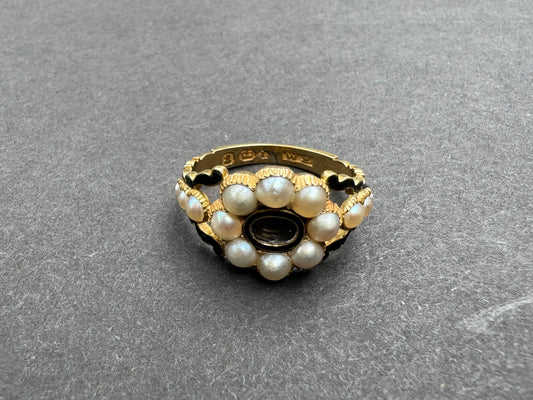 Mourning Ring with Black Enamel and Pearls