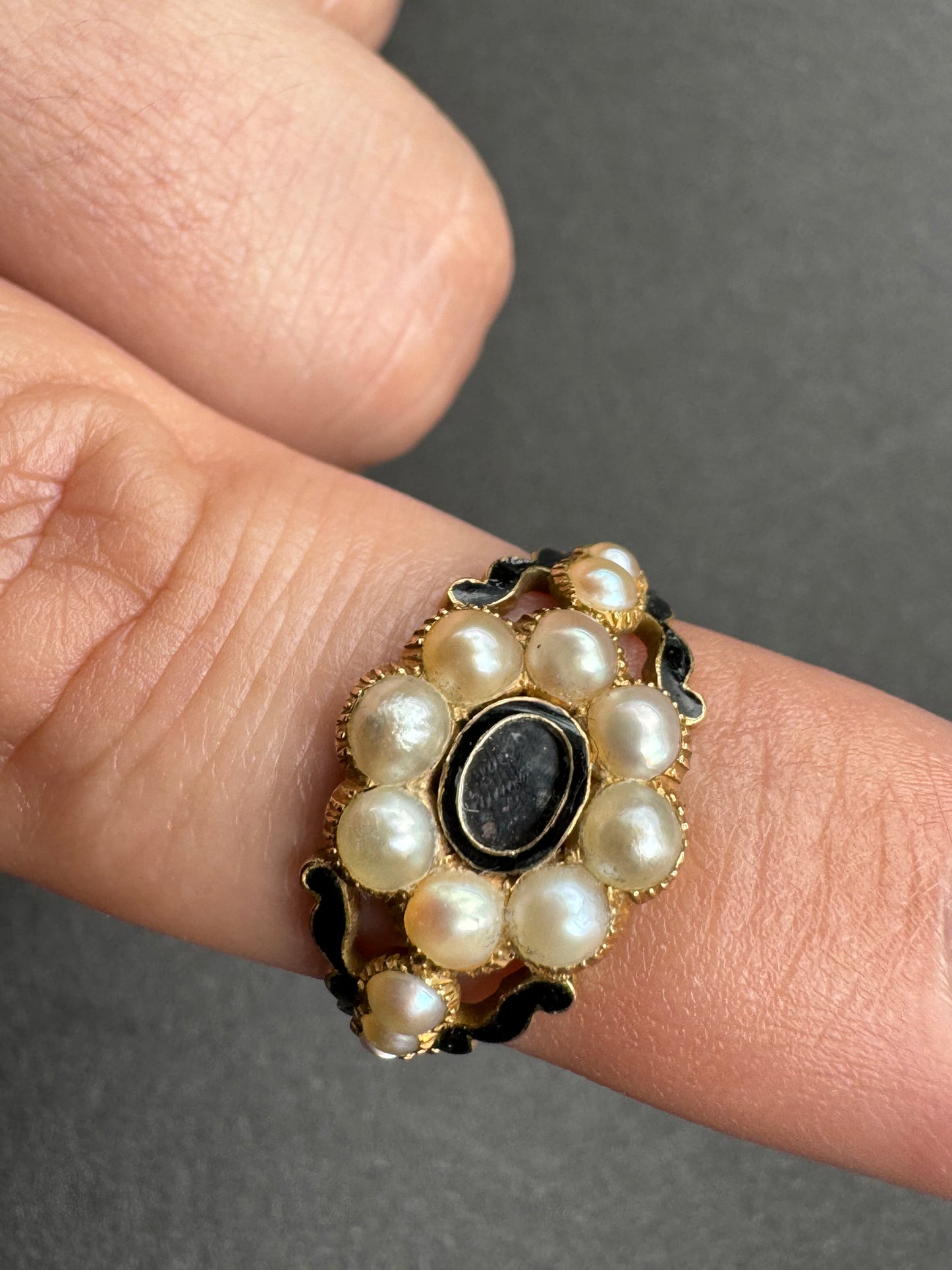 Mourning Ring with Black Enamel and Pearls