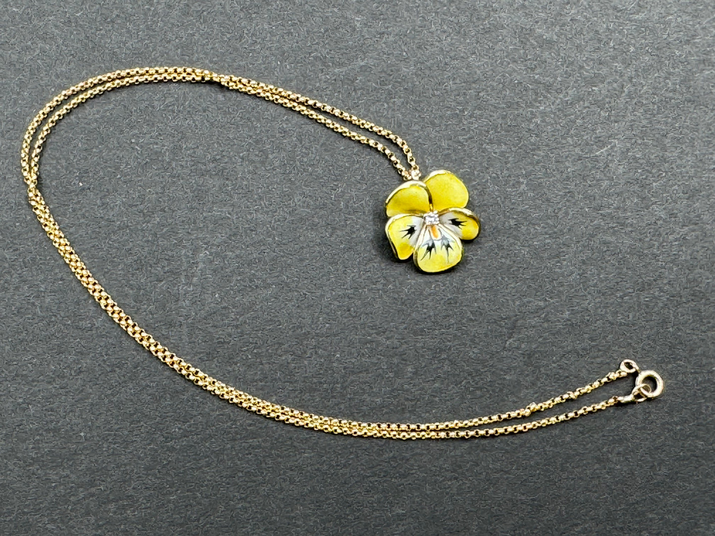 Yellow Enamel Pansy Necklace 14K