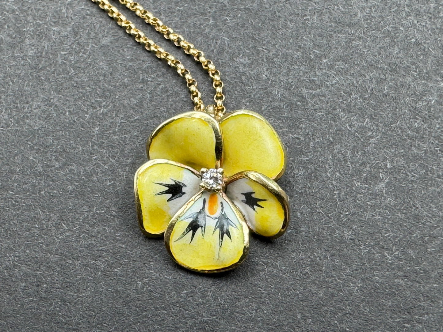 Yellow Enamel Pansy Necklace 14K