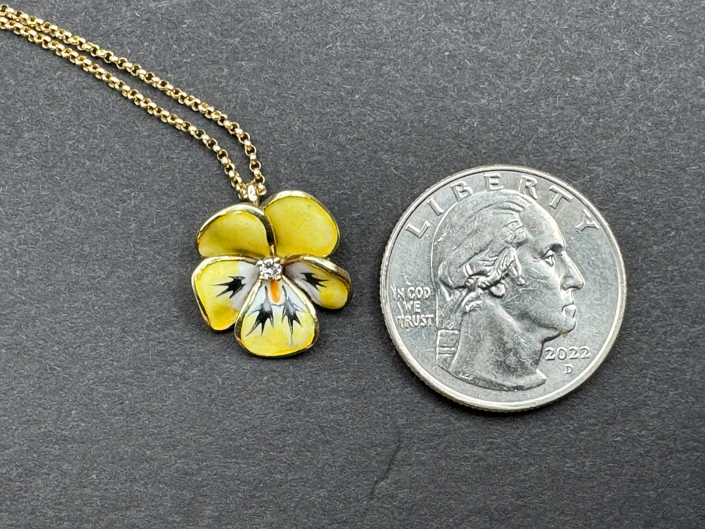 Yellow Enamel Pansy Necklace 14K