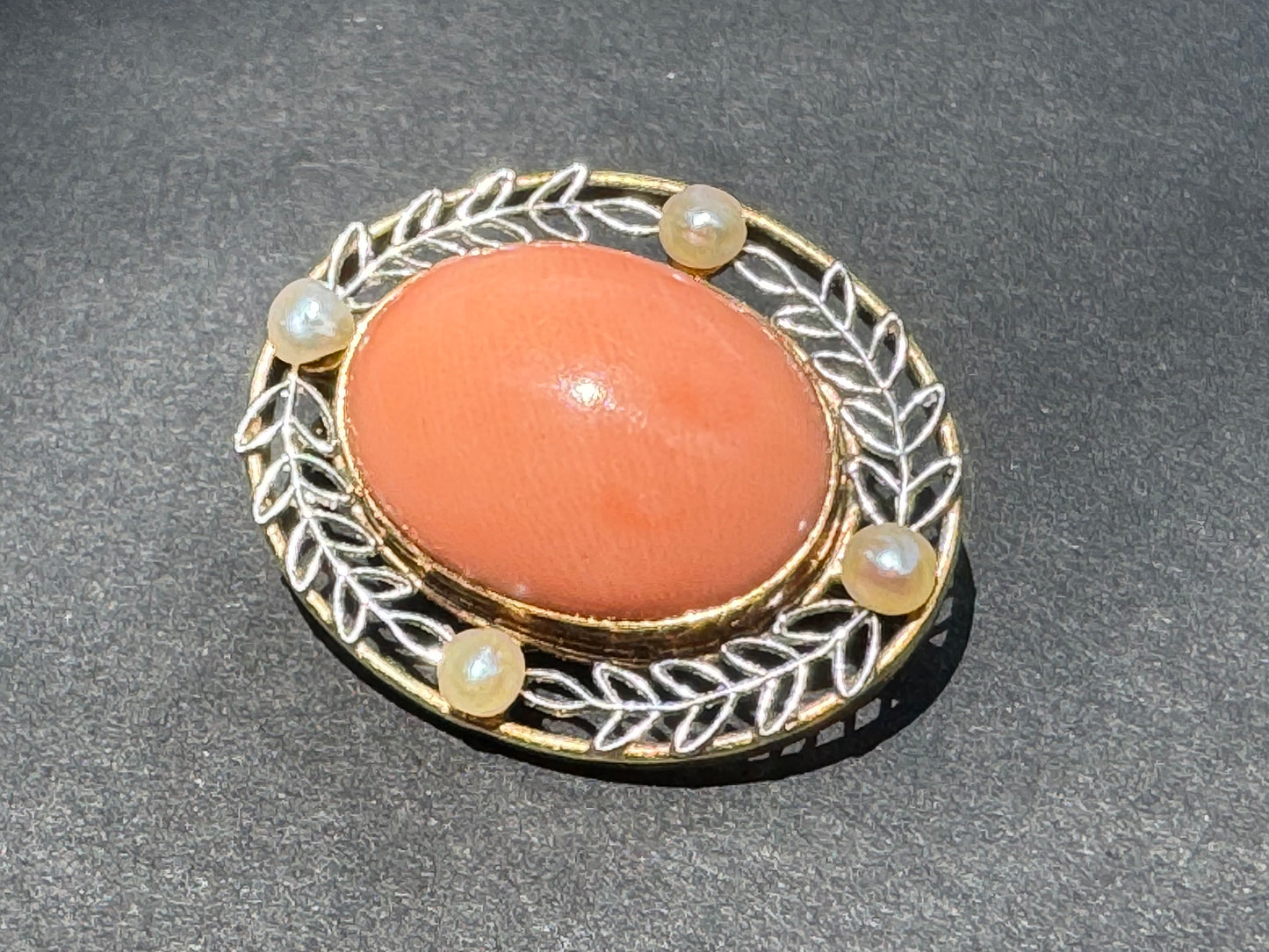 14k Coral & Pearl Canadian Brooch