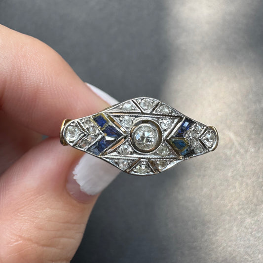 French Art Deco Diamond & Sapphire Ring