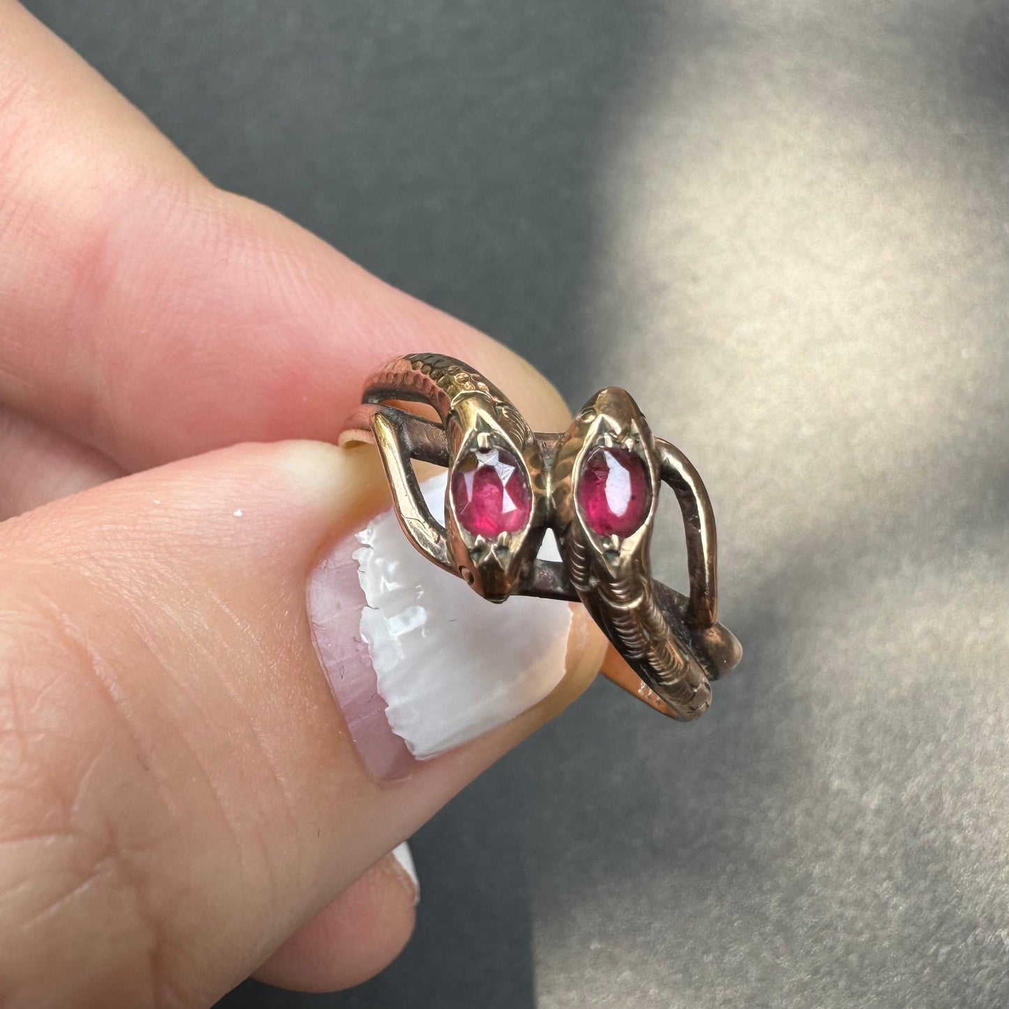 German Double 8k Snake Ring with Ruby Heads